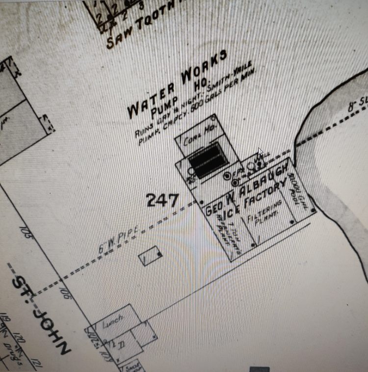 1910 Map showing the G. W. Albaugh "Ice Factory" at the foot of Franklin Street in Havre de Grace, MD (next to the water filtering plant)