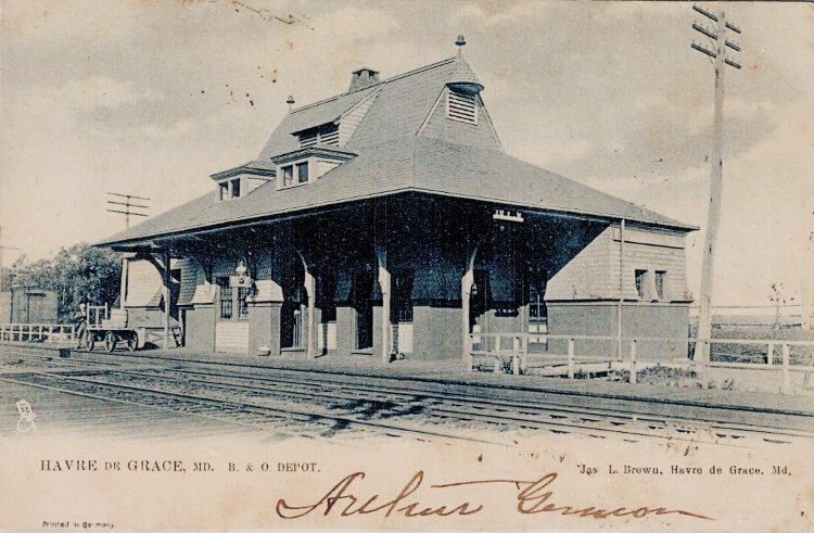1906 vintage postcard of B&O depot in Havre de Grace, MD