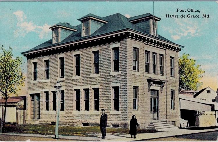 1909 postcard view of post office building at Union and Franklin in Havre de Grace, MD