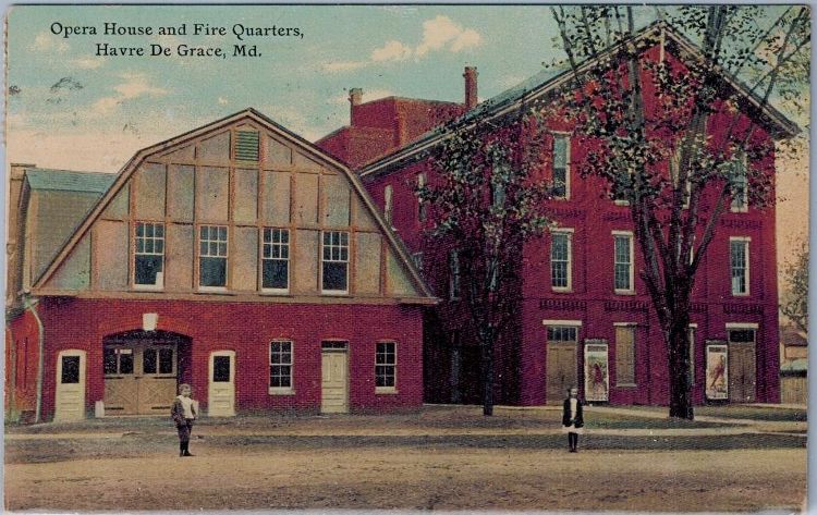 1911 vintage postcard view of the Opera House and Fire Station on Union Ave in Havre de Grace, MD