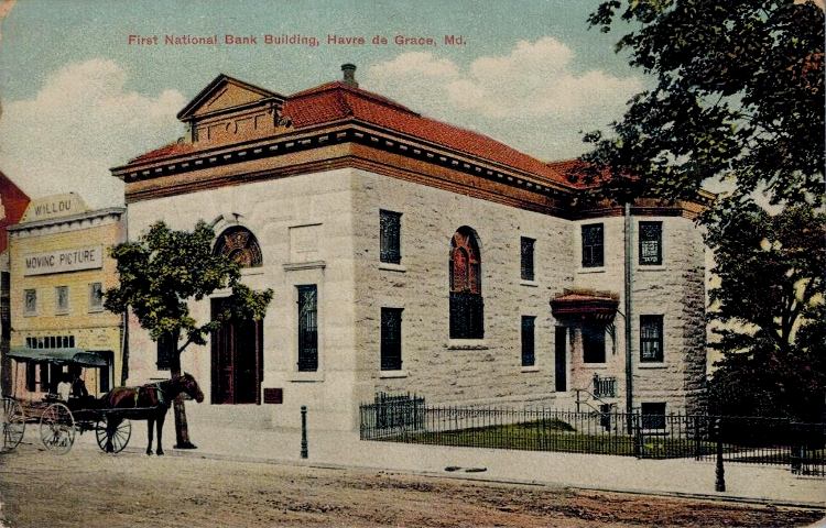 1919 vintage postcard of the First National Bank and Willou Movie Theater on St. John St in Havre de Grace, MD