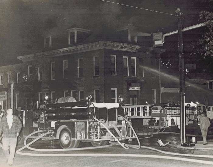 Photo of Fire at 401 N. Union in 1973 when it was an aprtment building with shops (no longer the post office)