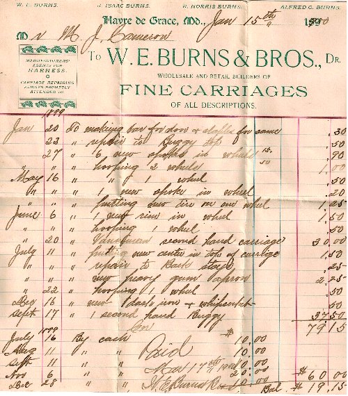 a receipt from the Currier Livery Stable for Burns Bros. January 1900