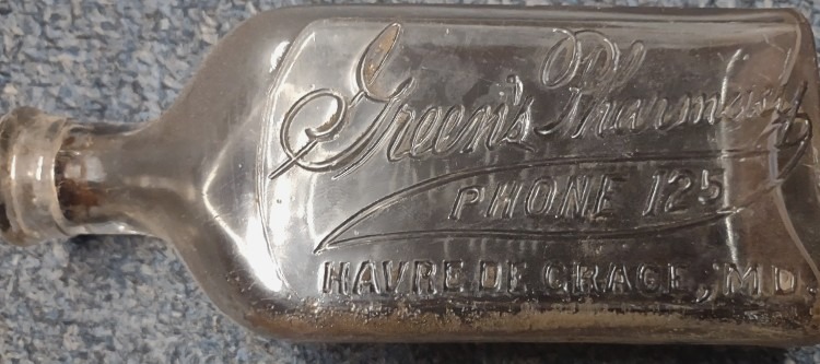 Vintage bottle from Green's Pharmacy, Havre de Grace