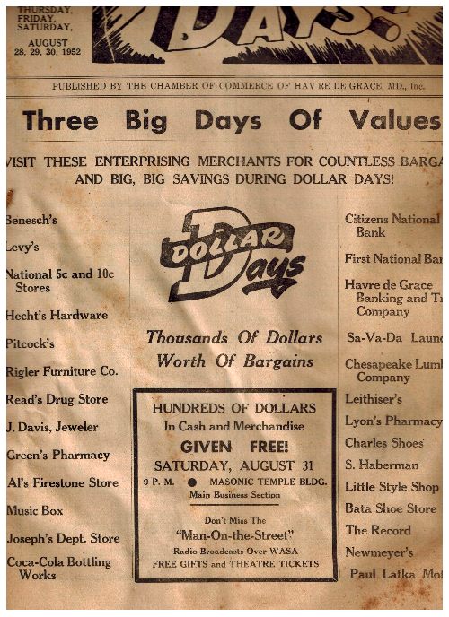 example of a DOLLAR DAYS advertisement for Havre de Grace, MD 1952