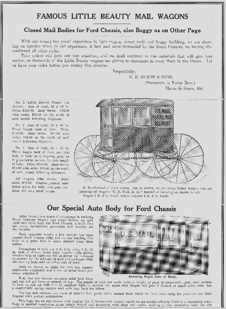 advertisement for postal wagons manufactured by Burns Bros Co. of Havre de Grace