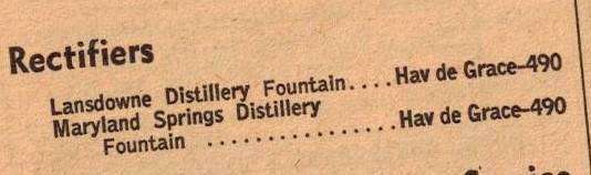 Directory listing - Havre de Grace - for Rectifiers: Lansdowne Distillery and Maryland Springs Distillery