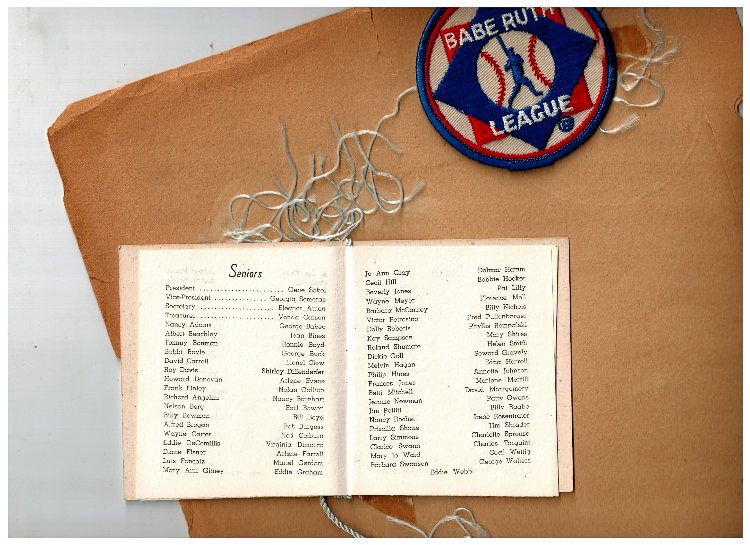 photo of a 1958 Havre de Grace High School Memories Book for Jr-Sr Prom and a Babe Ruth League Patch