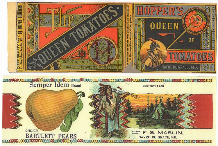FS MAslin peaches and Hopper Bros tomato canning labels for Havre de Grace.