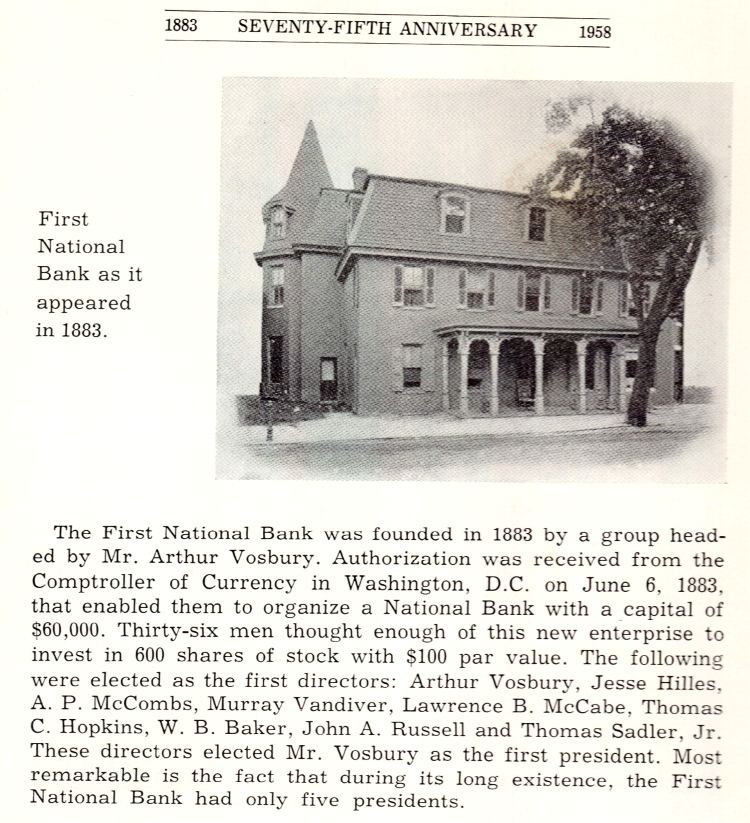 First National Bank of Havre de Grace celebrating its 75th anniversary. Opened in 1883.