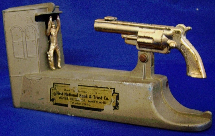 A wild west mechanical bank offered by First National Bank of Havre de Grace.