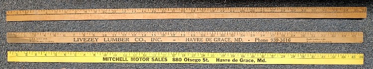 Vintage Yardsticks - Havre de Grace MD - Livezey Lumber Co, Mitchell Motor Sales