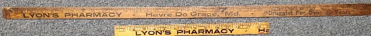 Vintage Yardsticks - Havre de Grace MD - Lyon's Pharmacy -full yardstick celebrating 35 years and a partial yardstick