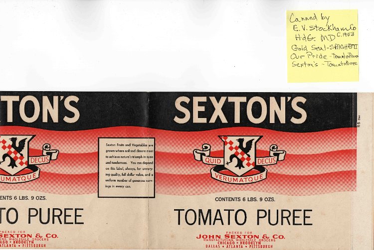Sexton's Tomato Puree canning label (1953), canned by E.V. Stockham and Co. of Havre de Grace, MD