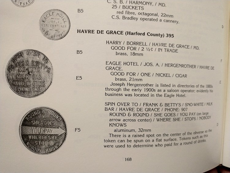 image of  an excerpt from the Maryland Merchant Tokens book highlighting a few from Havre de Grace - especially one for Sno -White Milk Bar.