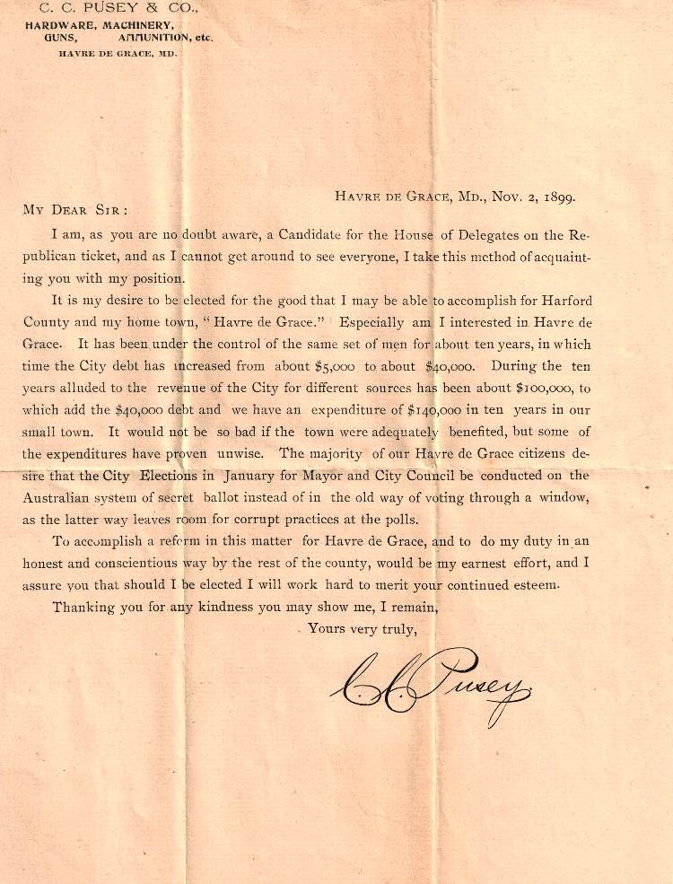 Letter from C. C. Pusey, Candidate for MD House of Delegates - 1899 - City of Havre de Grace History
