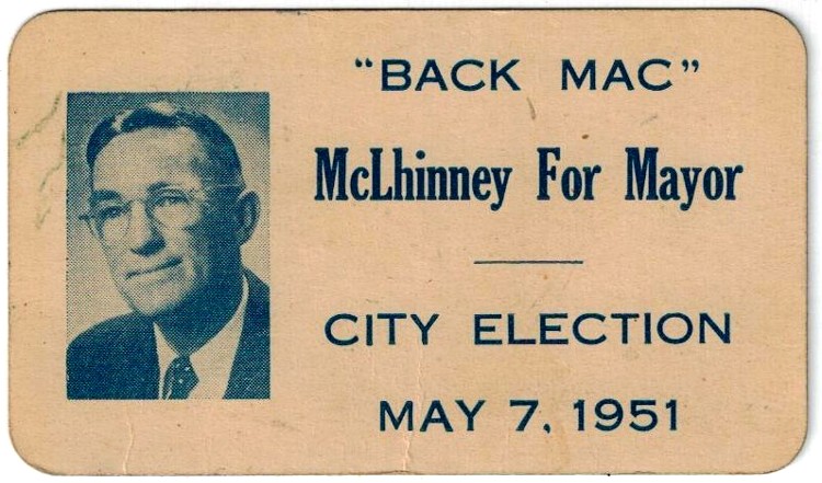 Card to "Back Mac" - McLhinney for Mayor - City of Havre de Grace elections - May 7, 1951