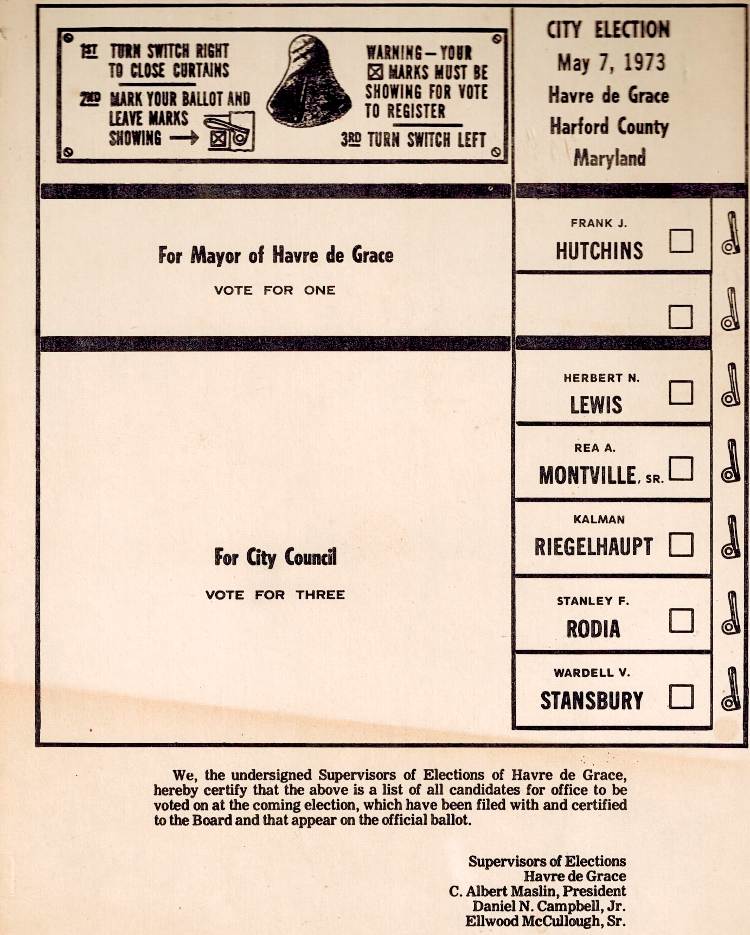May 7, 1973 Sample Ballot for City of Havre de Grace elections