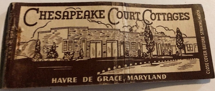 older matchbook cover showing Chesapeake Court Cottages of Havre de Grace MD