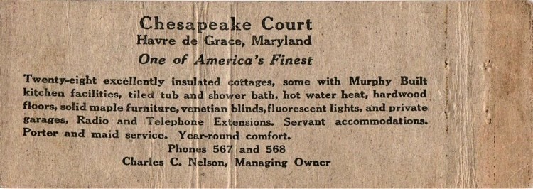 Chesapeake Court Cottages in Havre de Grace - matchbook inside cover