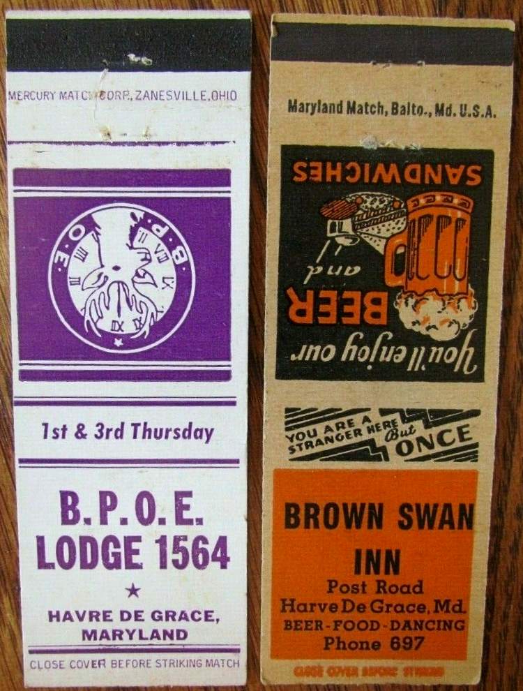 vintage Havre de Grace Matchbook Covers for the Elks Lodge and Brown Swan Inn