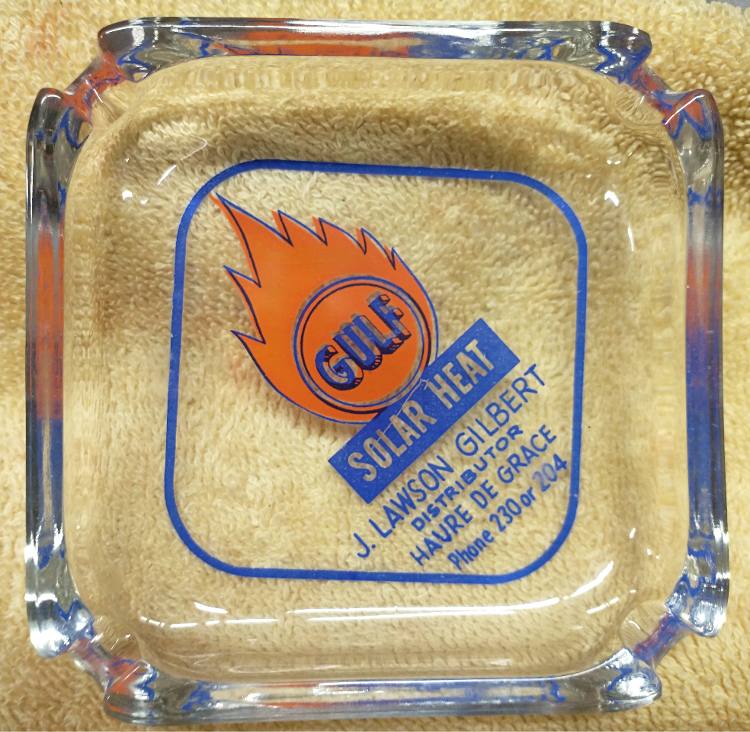 vintage clear glass ashtray advertising Gulf 'solar heat' with J. Lawson Gilbert, distributor, Havre de Grace