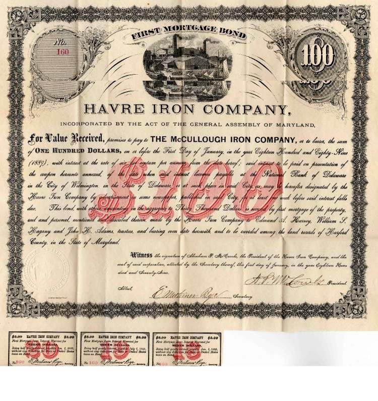 Image of the bond created by Havre Iron Company in 1879 to pay The McCullough Iron Company $30,000 by 1889.
