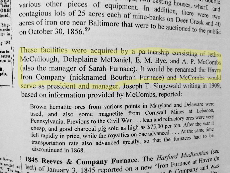 Havre Iron Works acquired by a partnership of Jethro McCullough, Delaplaine McDaniel, E. M. Bye, and A. P. McCombs. Havre de Grace, MD