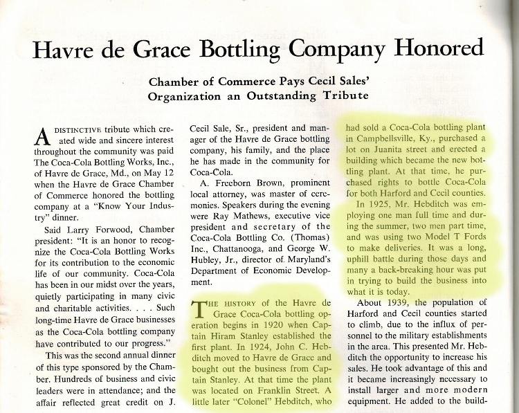 One section of an article in Coca-Cola Bottling magazine 1960 about Havre de Grace Bottling Company Honored