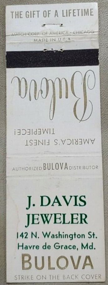 Matchbook Cover advertising J. Davis Jeweler, Havre de Grace MD