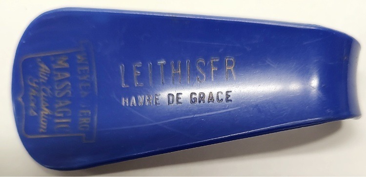 A blue shoe horn from Leithiser's Men's Wear of Havre de Grace