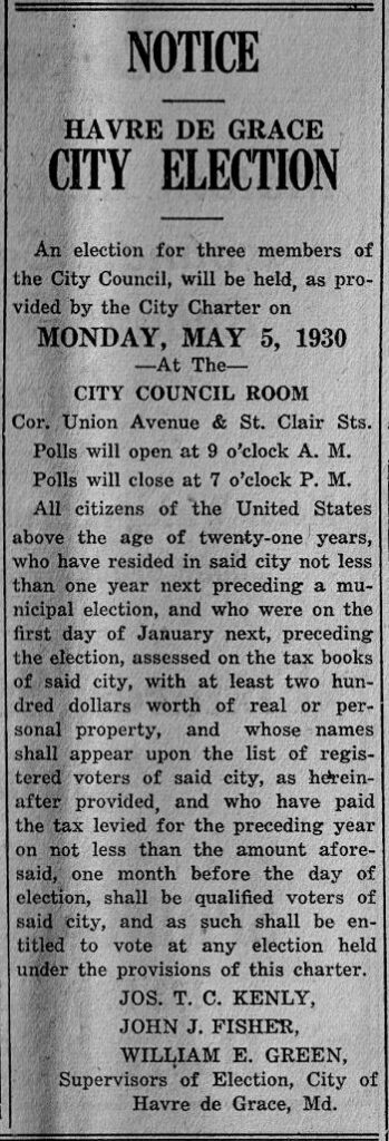 May 5, 1930 newspaper notice for Havre de Grace Elections