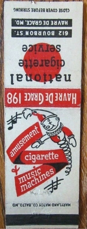 vintage matchbook cover advertising National Cigarette Service at 612 Bourbon St, Havre de Grace MD