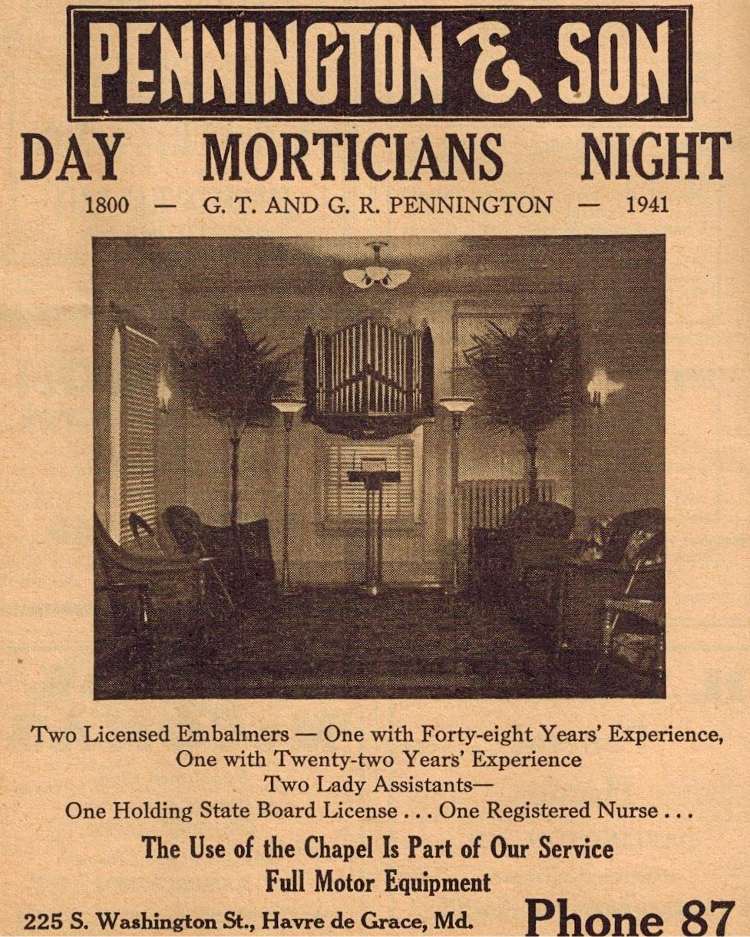 advertisement from 1941 for Pennington & Son Funeral Home
