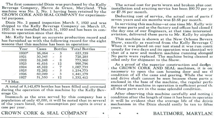 1920-1927 Record of the first commercial Dixie bottling machine purchased by Kelly Beverage Co. of Havre de Grace from Crown Cork and Seal Company of Baltimore.