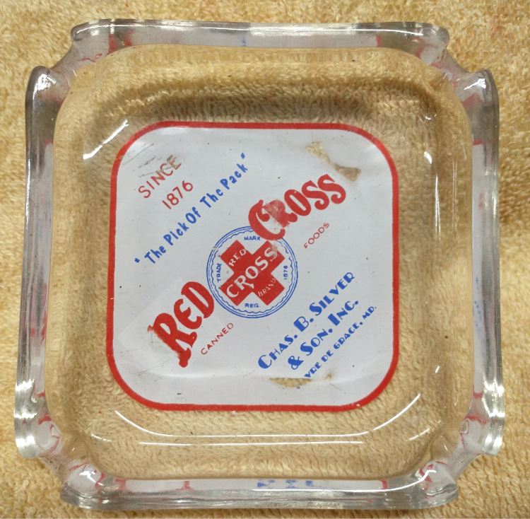 Vintage Clear Glass ashtray advertising Red Cross brand canned foods, Chas. B. Silver & Son, Inc. of Havre de Grace, MD