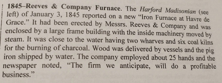 From Heavy Industries of Harford County (Shagena and Peden) - 1845 Reeves & Company build new iron furnace at Havre de Grace