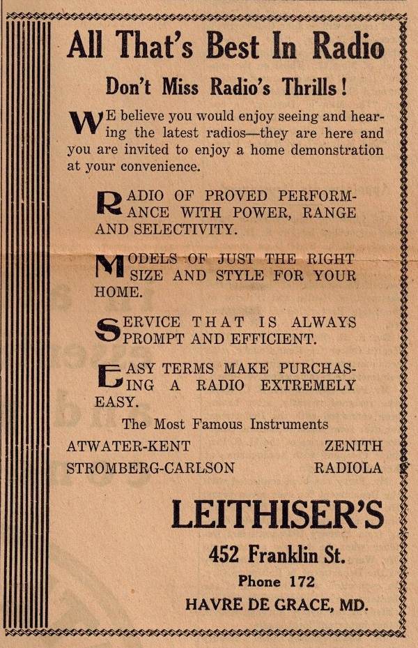early advertisement for radios at Leithiser's in Havre de Grace
