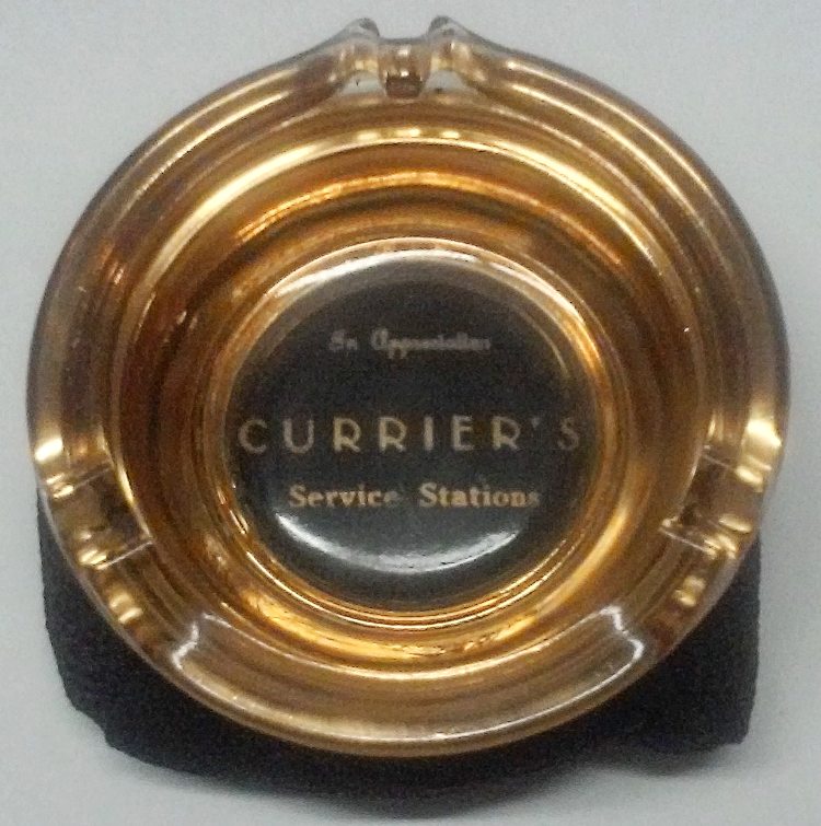 brass Ashtray on a bean bag-like bottom advertising Currier Services Stations (gas) in Havre de Grace