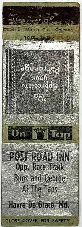 vintage matchbook cover advertising Post Road Inn, opp. race track, Havre de Grace MD