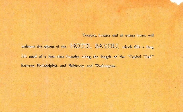 An image of the 1921 Bayou Hotel brochure in Havre de Grace with welcoming tourist narrative.