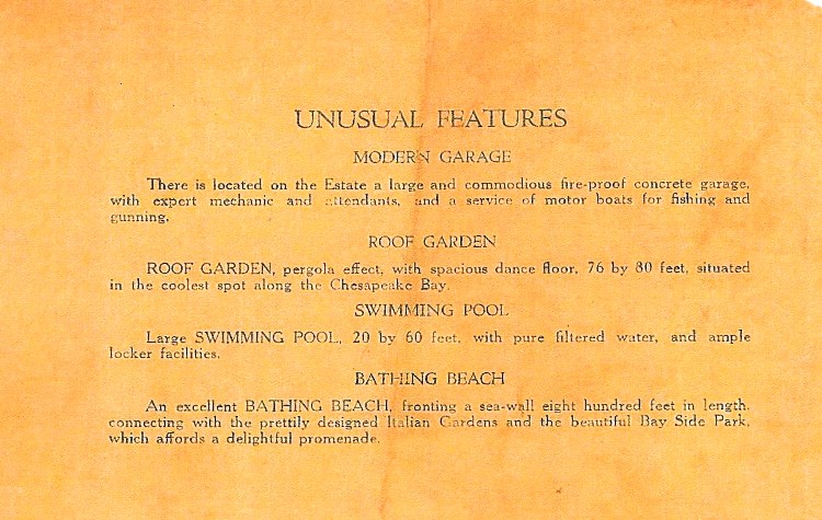 An image of the 1921 Bayou Hotel brochure in Havre de Grace with its unusual features listed including Modern Garage, Roof Garden, Swimming Pool, and Bathing Beach.