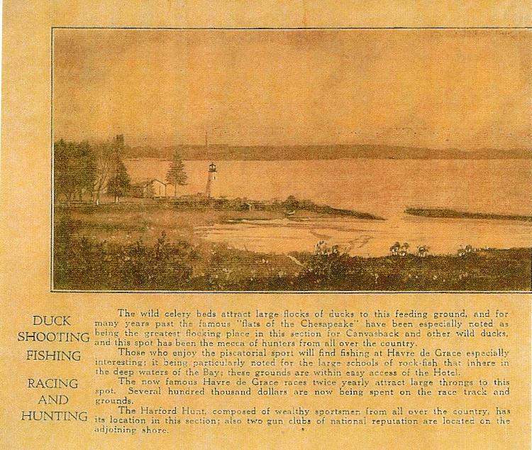 An image of the 1921 Bayou Hotel brochure in Havre de Grace with a description of sports of duck shooting, fishing, racing, and hunting.