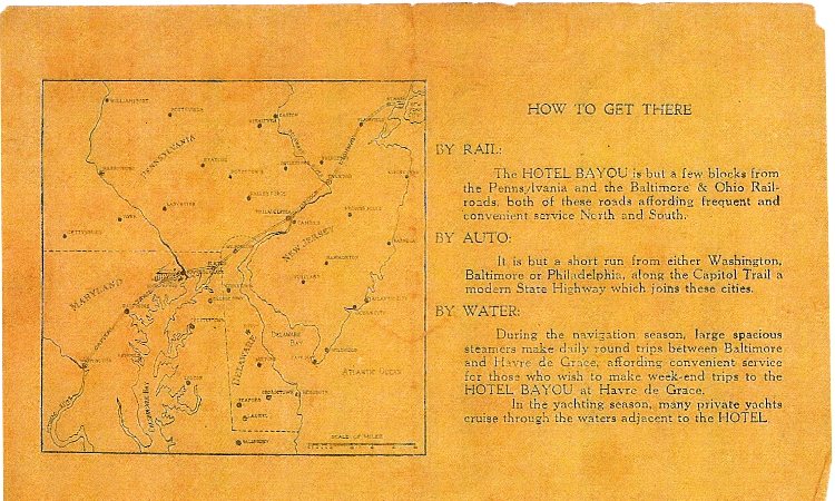 An image of the 1921 Bayou Hotel brochure in Havre de Grace offering directions for getting there by rail, auto, or water.