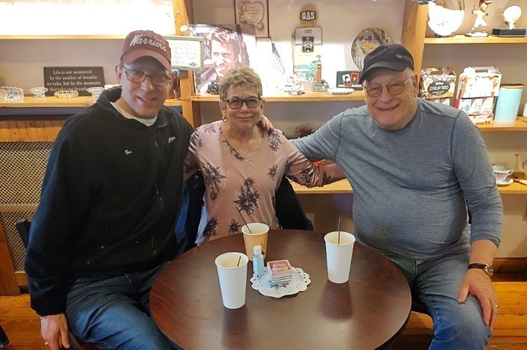 Ben, Sharon, and "Dickie" (Richard Elliott - addition to our 80s Ladies Friday mornings at Java by the Bay in Havre de Grace