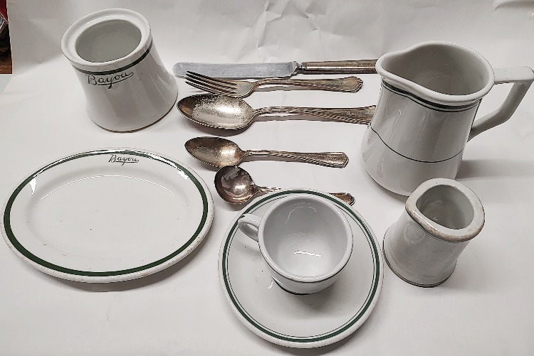 a sampling of silverware and dishes from the Bayou Hotel of Havre de Grace