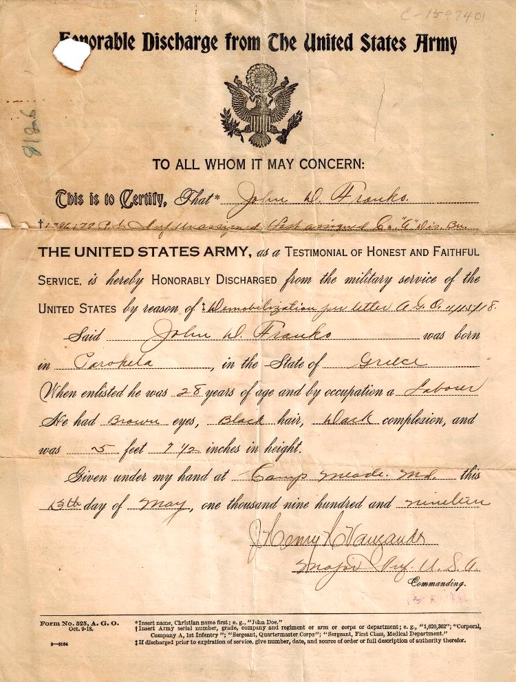 Honorably Discharged - papers for John D. Franko, May 13, 1919 - WWI - donated by his daughter, Margaret Dawson