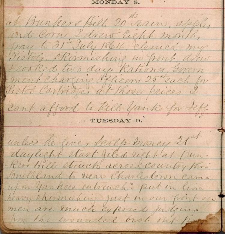 Excerpt from Pitcock Civil War Diary: Government charging officers 25 cents each for Pistol Cartridges at those prices I can't afford to kill Yanks for Jeff unless he gives Scalp Money