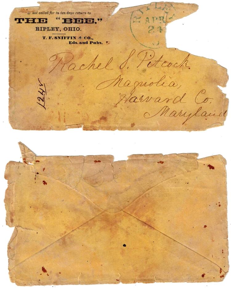 Envelope that was used to mail the note to the Pitcock's regarding the Civil War Diary originally belonging to Charles H. Pitcock from the editor of the "BEE", newspaper in Ripley, Ohio