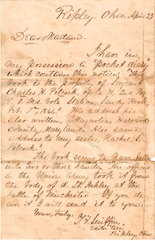 Copy of note to the Pitcock's regarding the Civil War Diary originally belonging to Charles H. Pitcock from the editor of the "BEE", newspaper in Ripley, Ohio